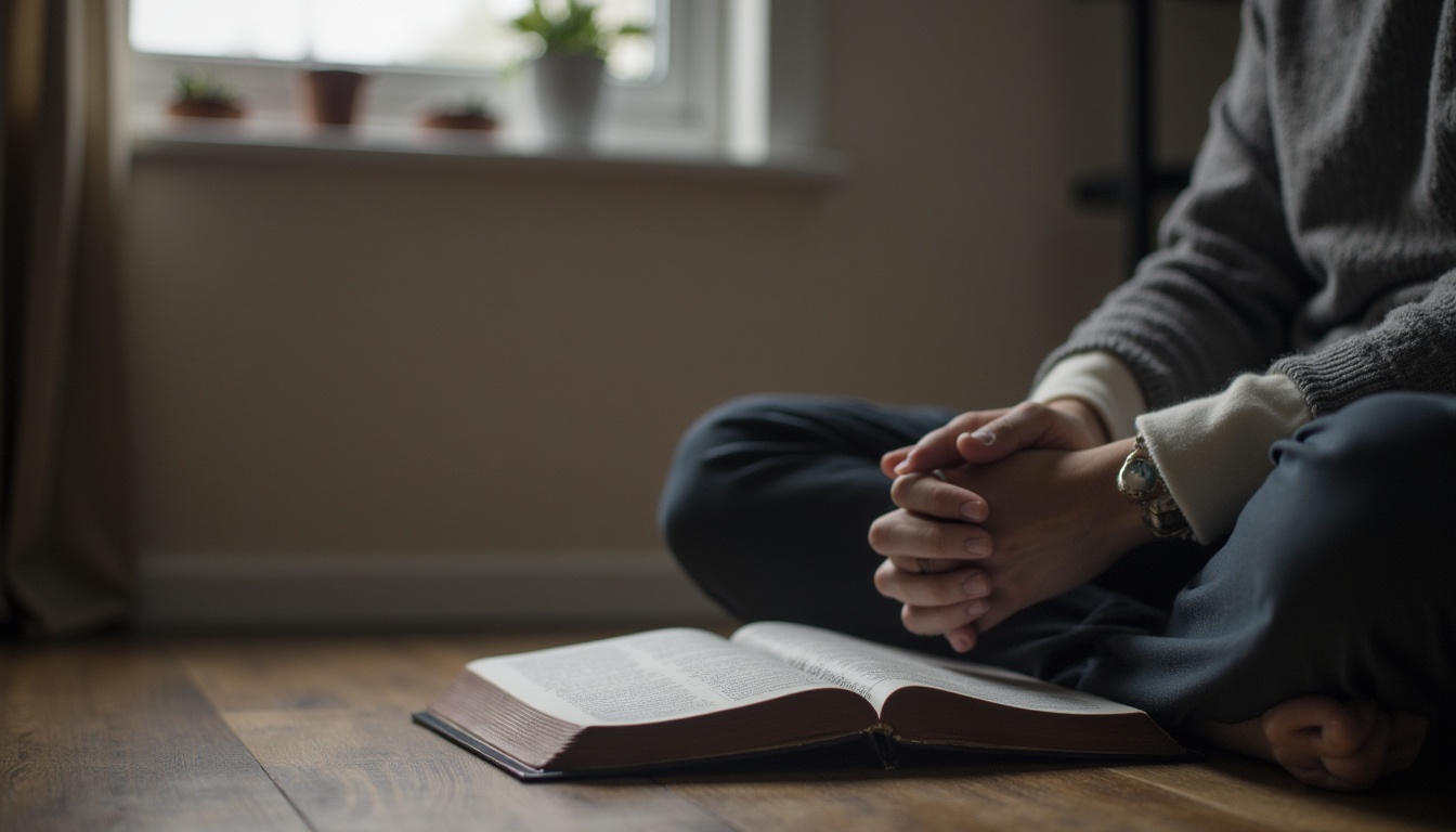 Christian believer praying beside an open Bible while reflecting on patience and trusting God's timing.