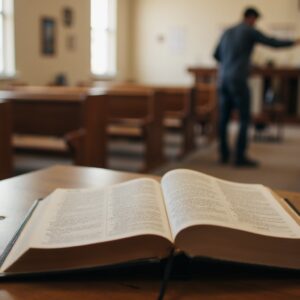 Fruit of the Spirit in Christian leadership illustrated through an open Bible, humble service, and a peaceful church setting.