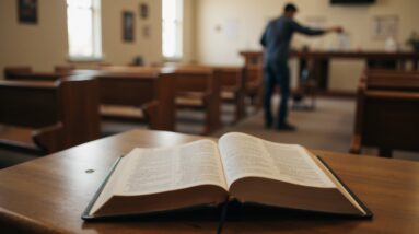 Fruit of the Spirit in Christian leadership illustrated through an open Bible, humble service, and a peaceful church setting.