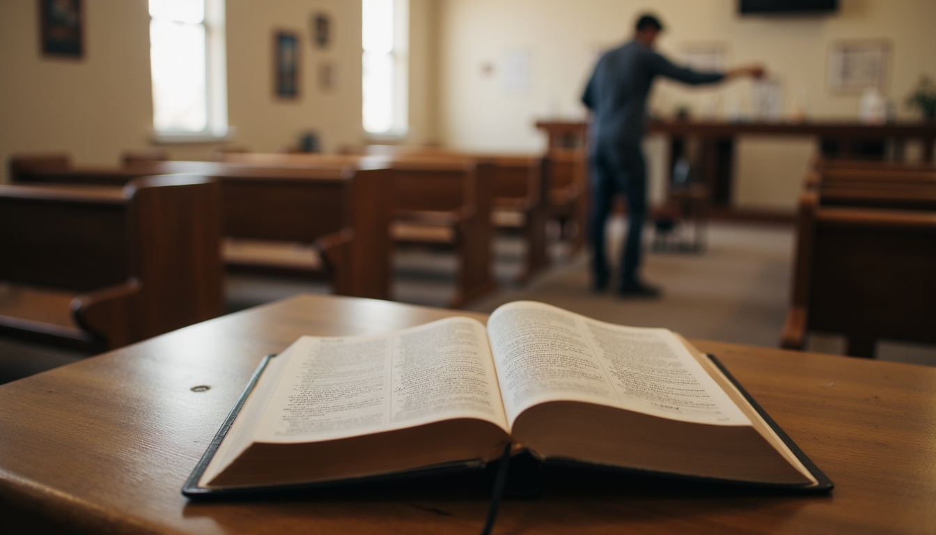 Fruit of the Spirit in Christian leadership illustrated through an open Bible, humble service, and a peaceful church setting.