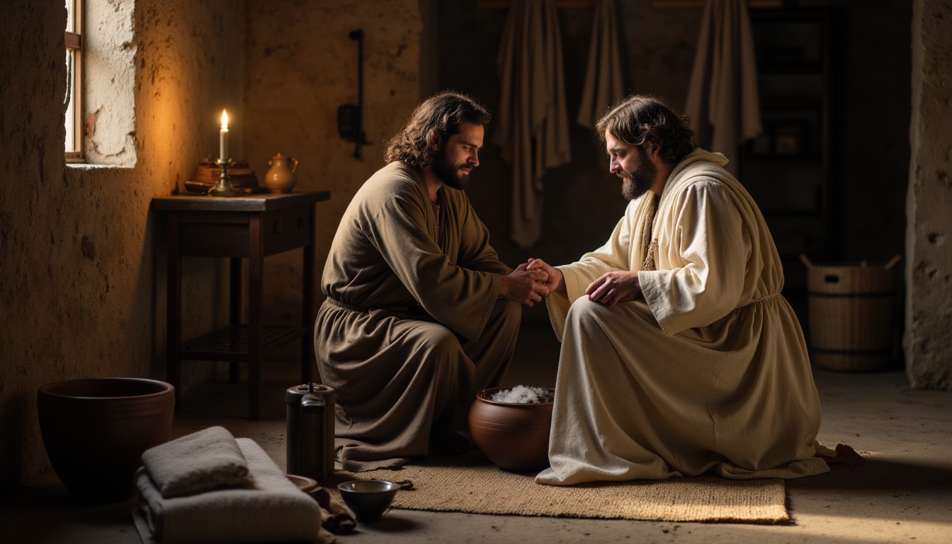 Jesus washing a disciple's feet as an example of humble servant leadership.