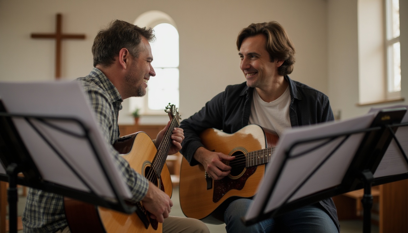 Experienced worship leader patiently helping a younger musician during church music practice.