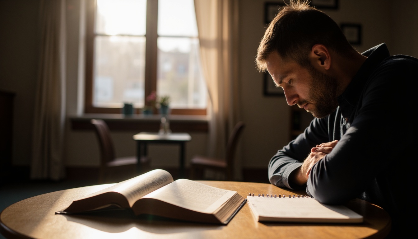 Christian ministry leader praying beside an open Bible while seeking God's wisdom for leadership.