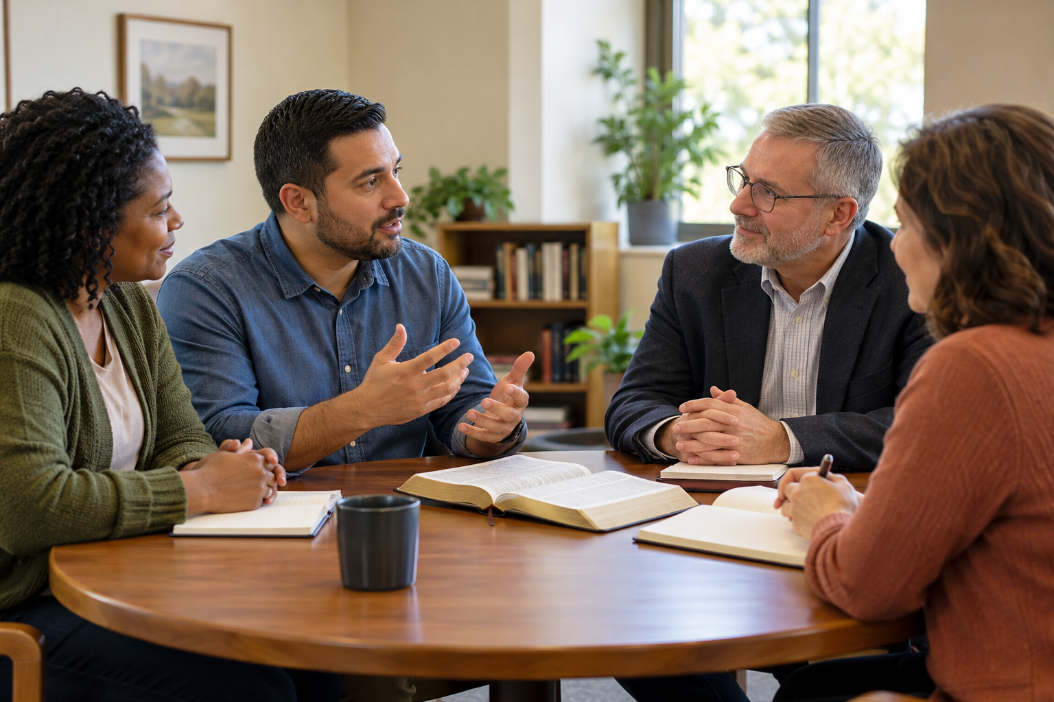 Adults discussing a Bible question with a church leader