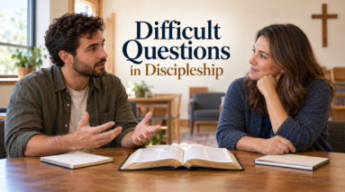 Two adults listening and talking during a thoughtful faith conversation