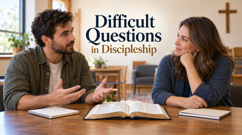 Two adults listening and talking during a thoughtful faith conversation