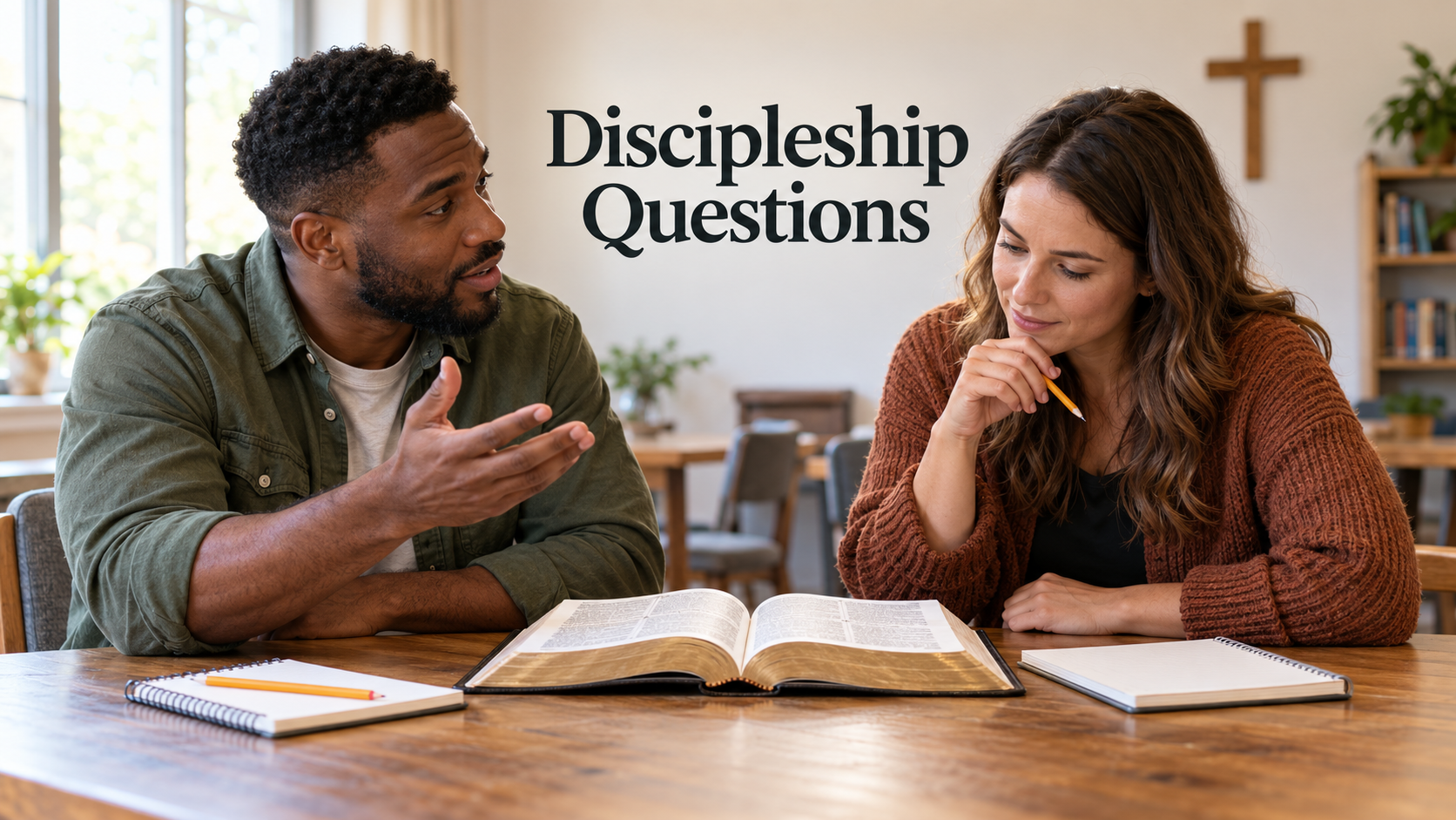 A Christian mentor listening thoughtfully during a Bible discussion