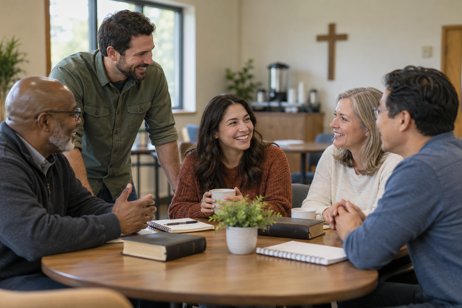Group members encouraging one another after a Bible study
