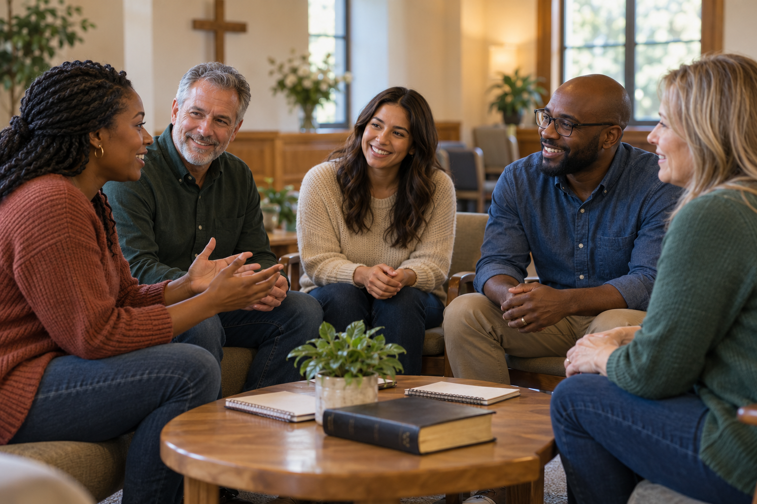 Adults sharing an encouraging conversation in a church fellowship room