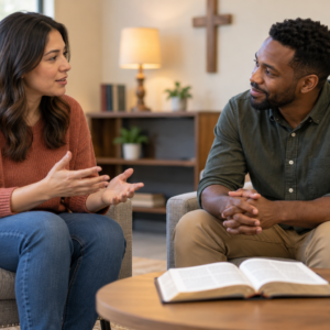 Two Christians discussing discipleship questions with an open Bible