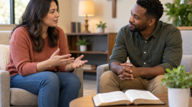 Two Christians discussing discipleship questions with an open Bible