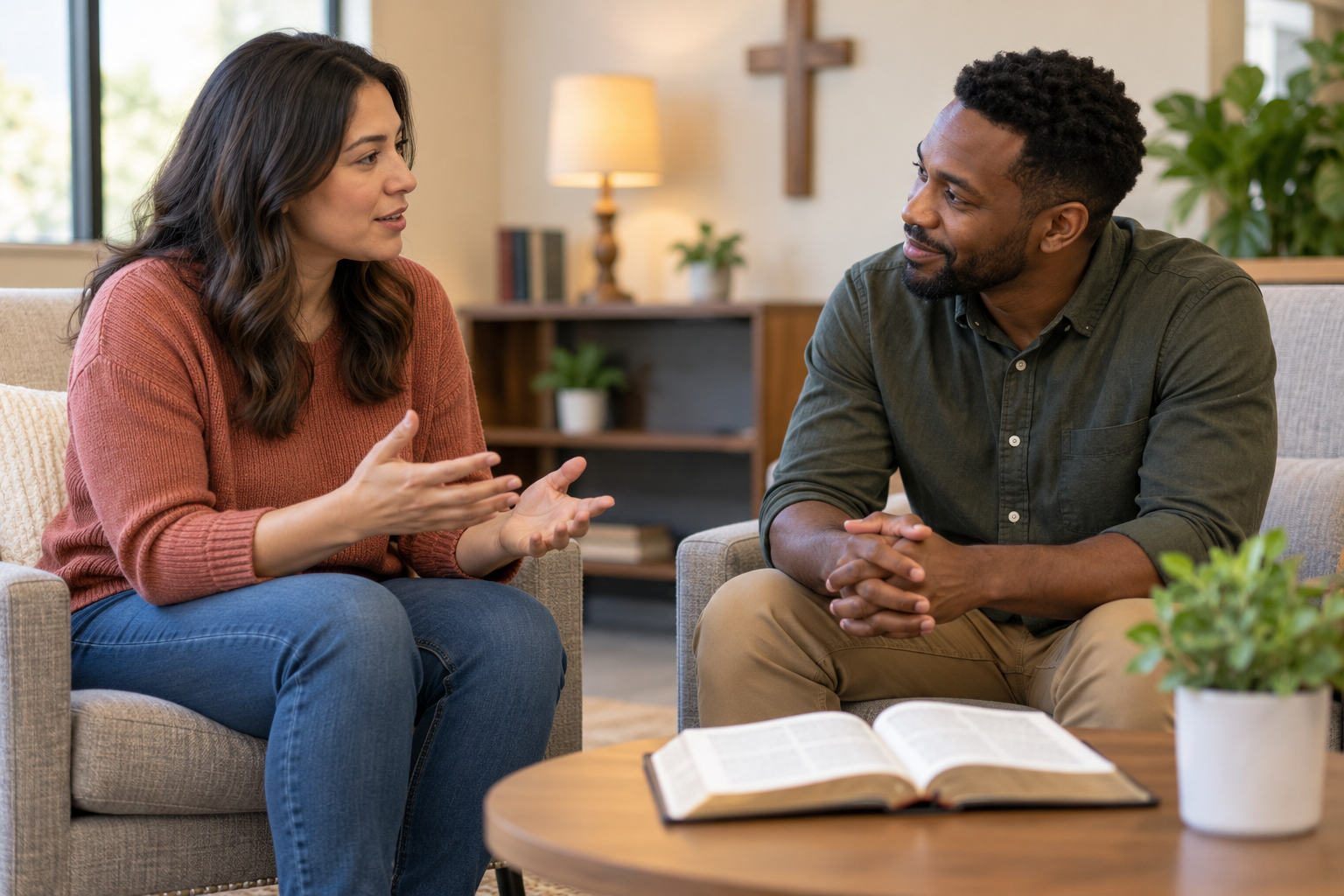Two Christians discussing discipleship questions with an open Bible