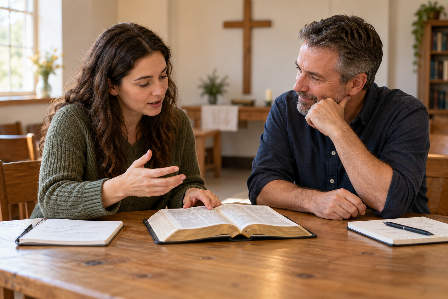 An adult explaining a Bible passage while a mentor listens 