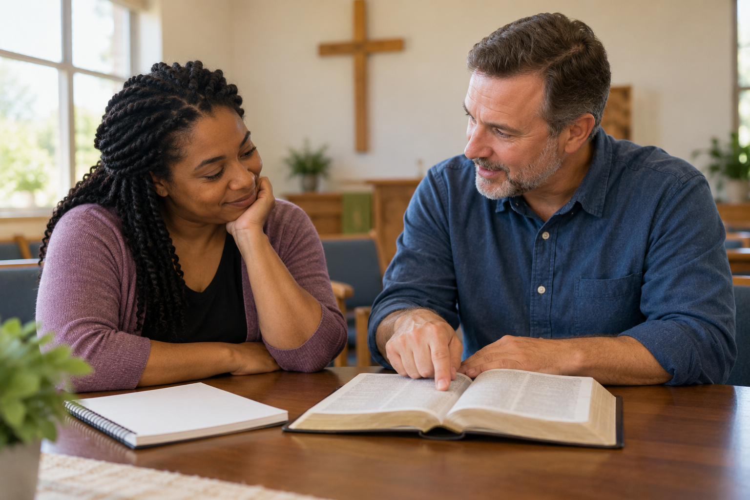 A Christian mentor explaining a Bible passage to a learner