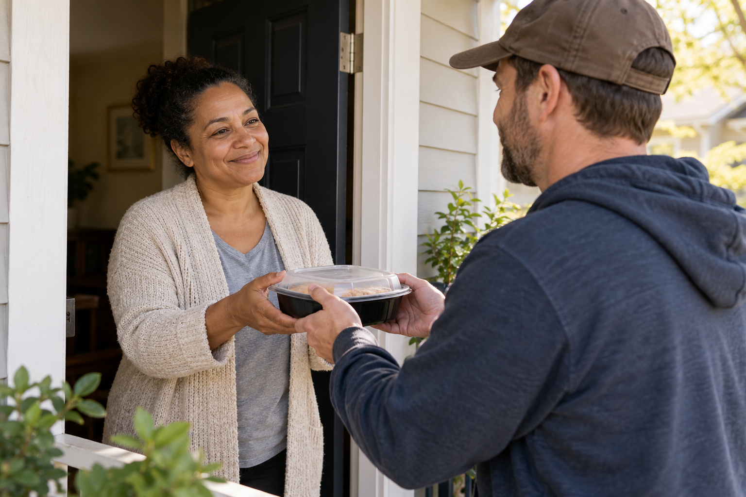 An adult offering a meal to a neighbor as a practical act of compassion