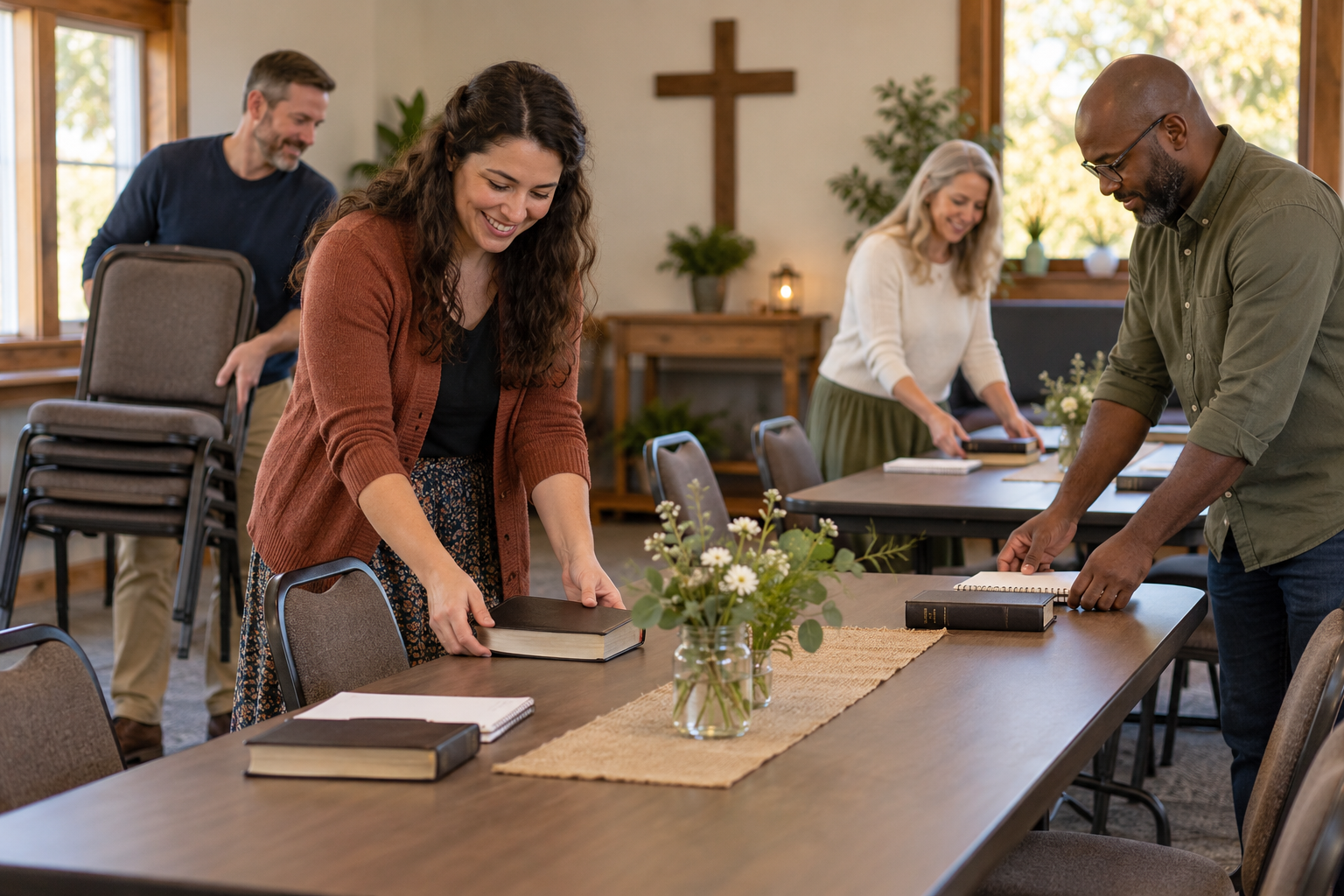 Adult Christians preparing a church gathering together