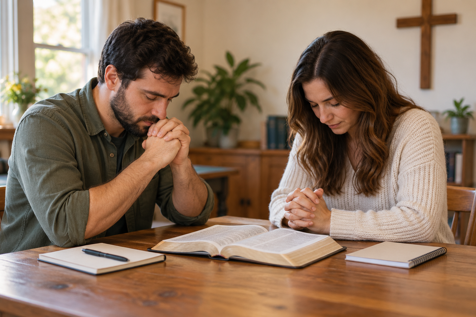 Two Christians praying after studying a Bible passage together