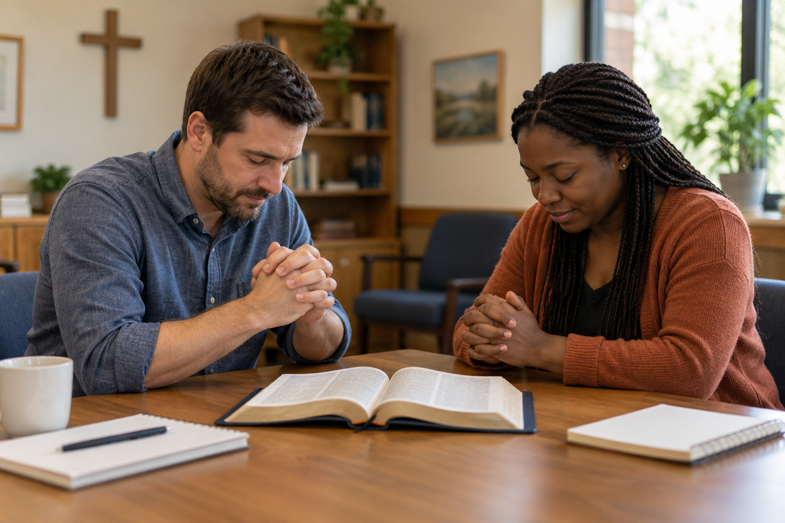Two Christians praying together after a difficult conversation