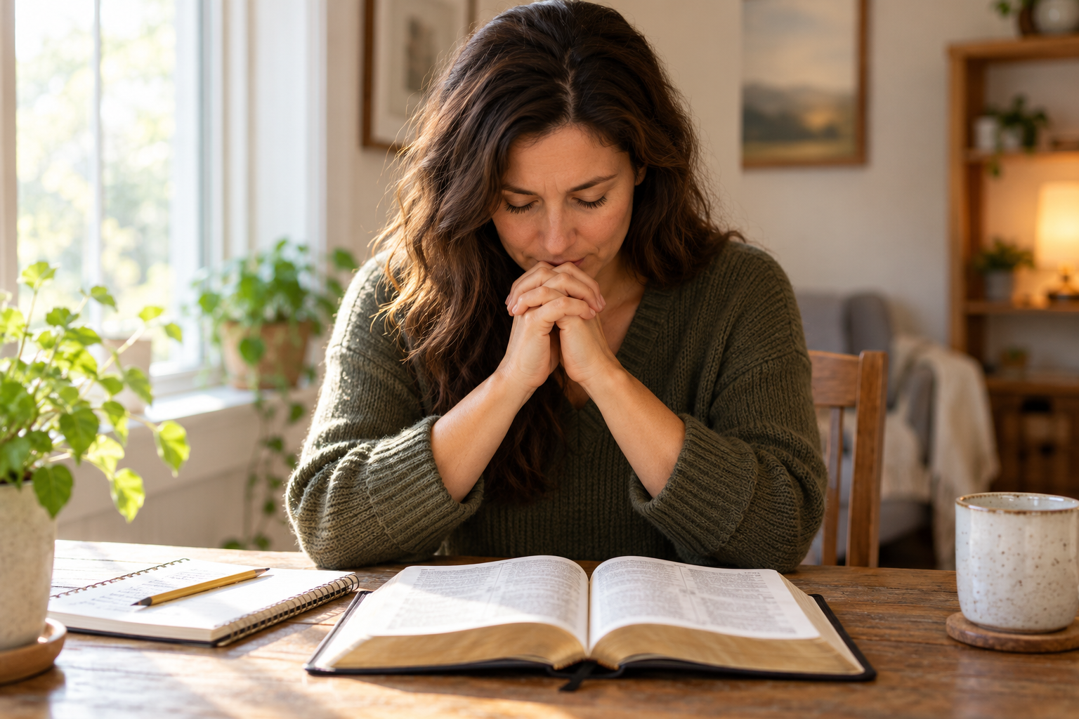 An adult praying quietly beside an open Bible and plain notebook