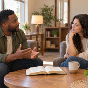 Quiet discipleship conversation with an open Bible