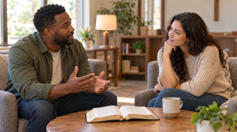 Quiet discipleship conversation with an open Bible