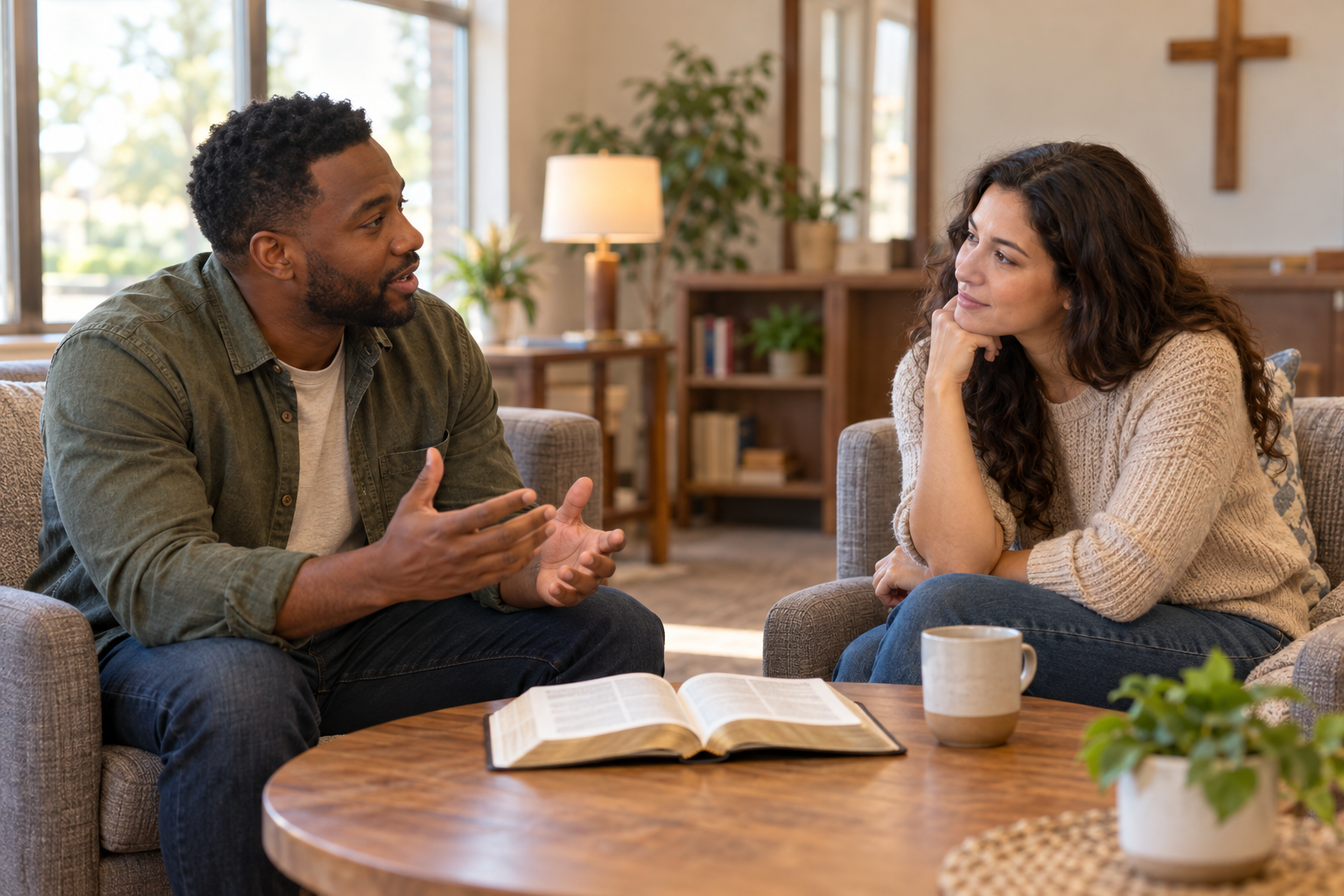 Two Christians discussing how to disciple someone through Bible reading and prayer