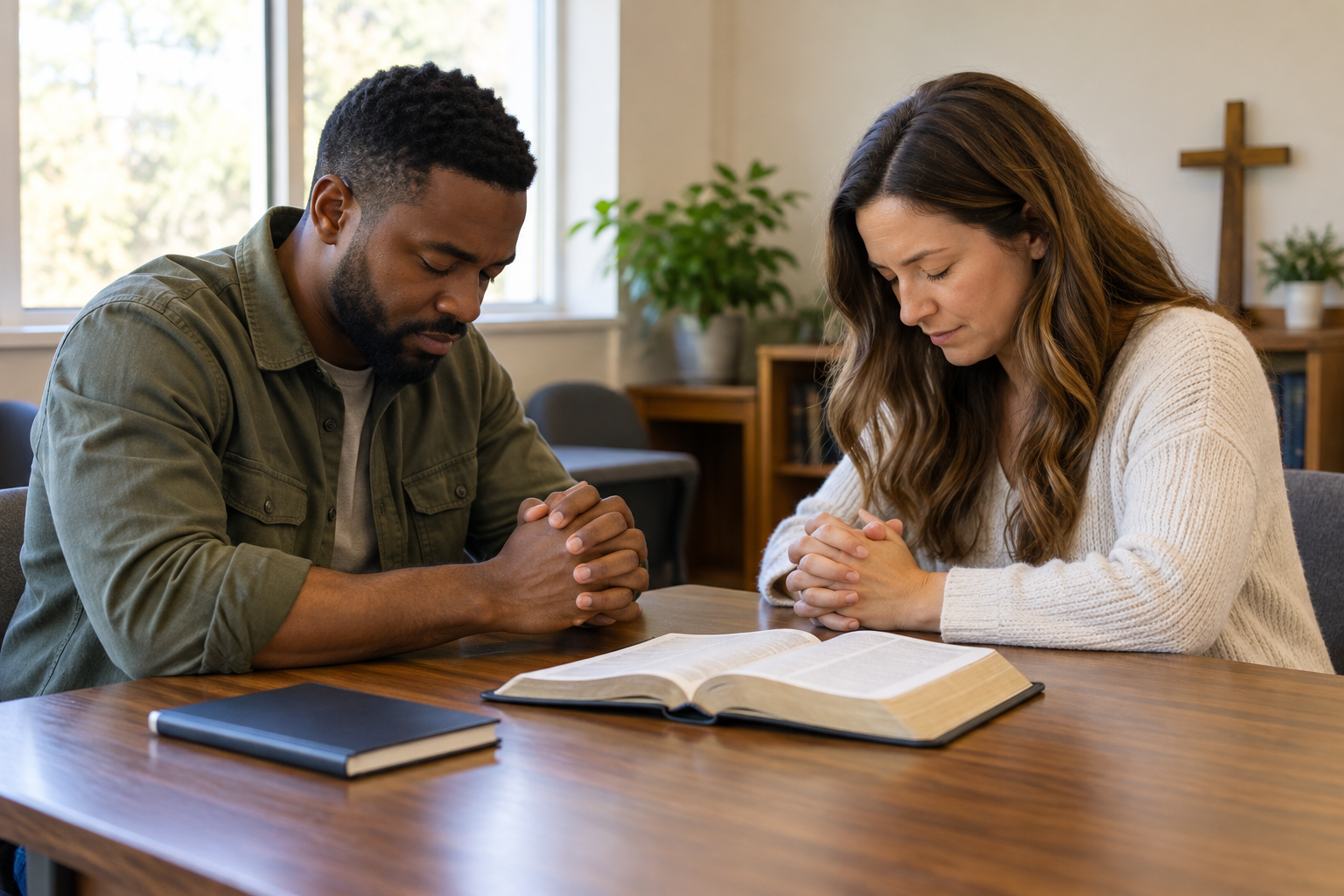 Two believers praying together after discussing a Bible passage