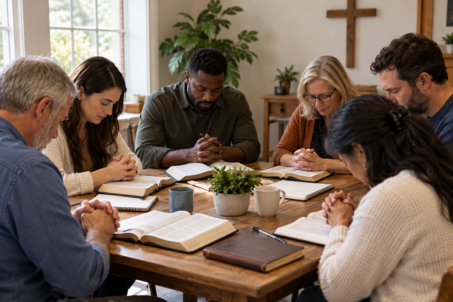 Adult Christians praying together during a small-group meeting