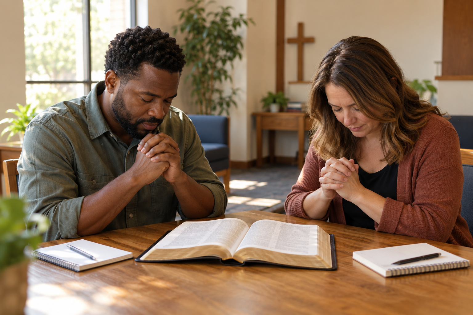 Two Christians praying after reading and discussing the Bible