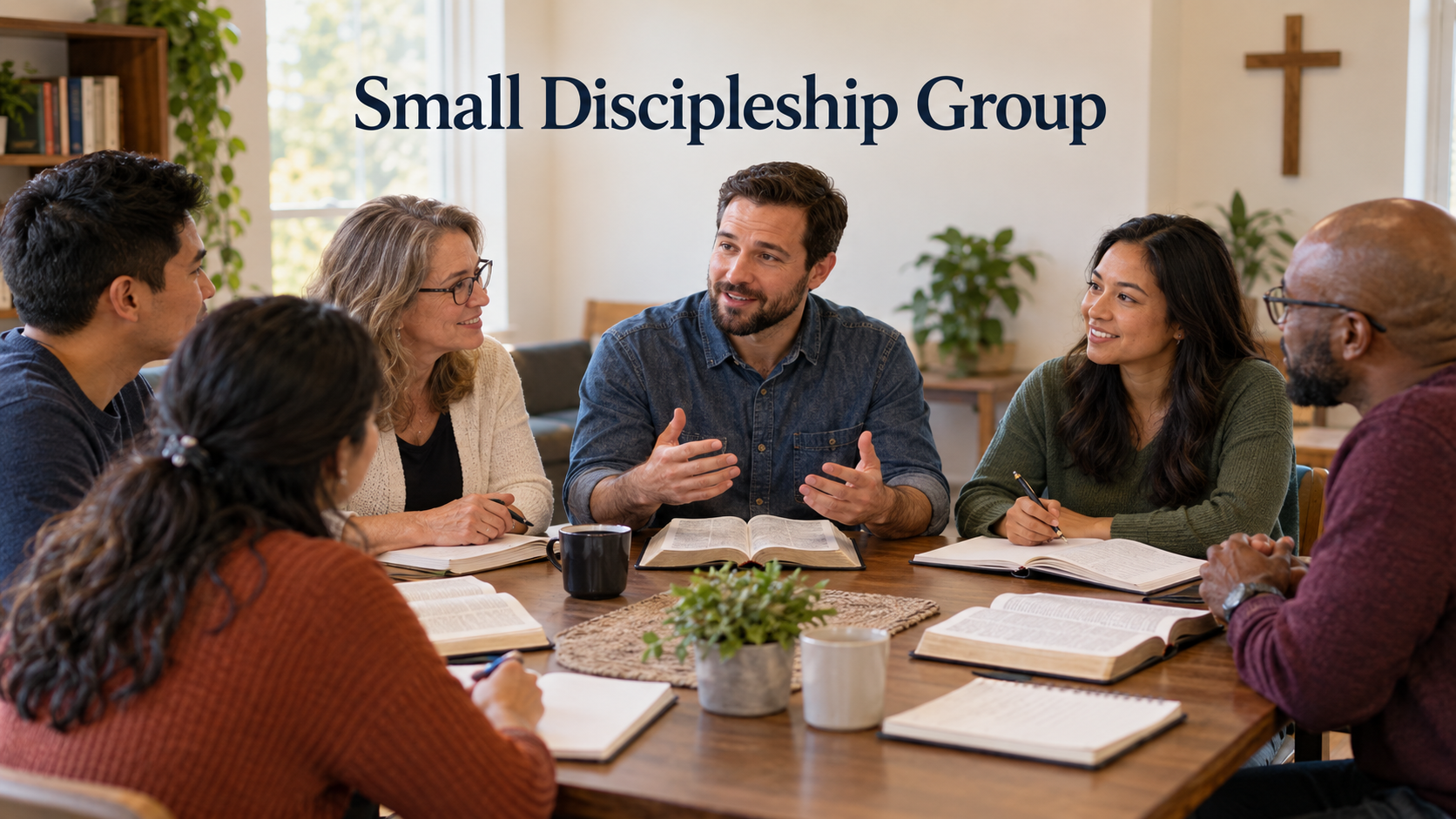 Adults reading the Bible together in a small discipleship group