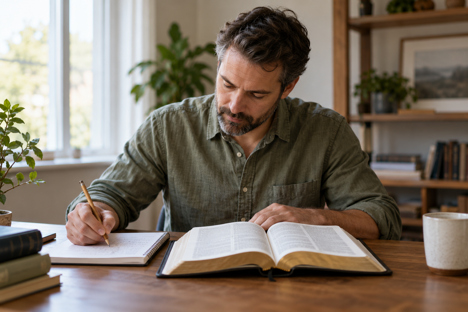 A Christian mentor studying a Bible passage with plain notes