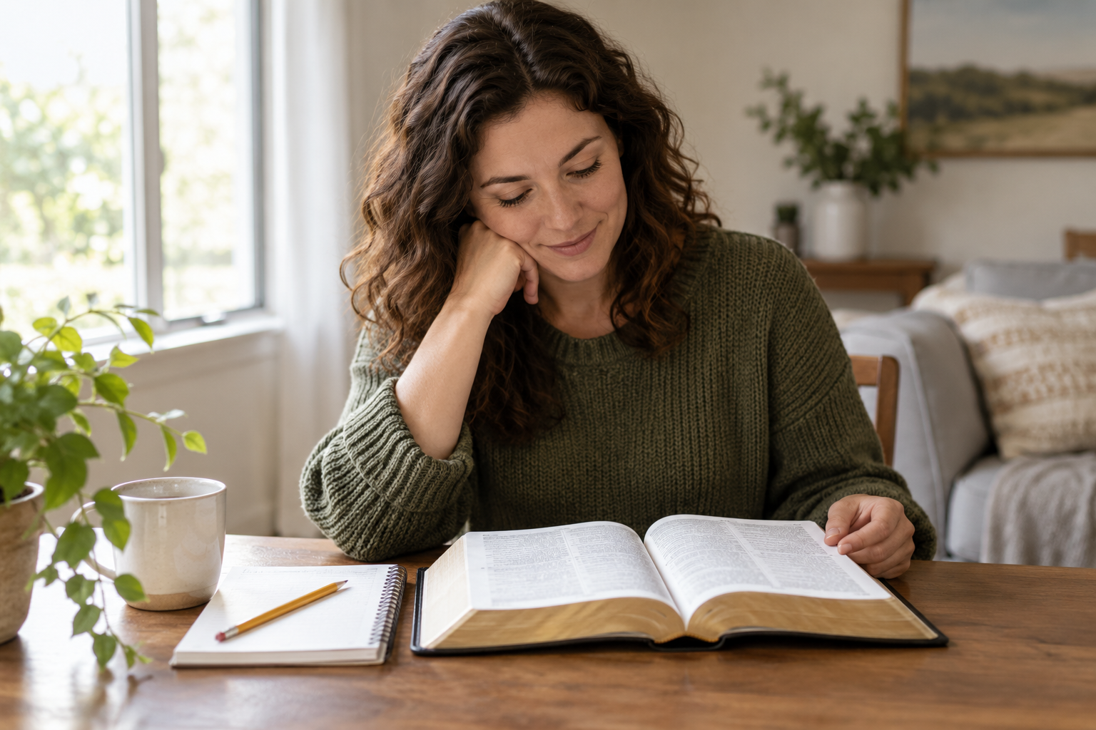 An adult reading the Bible independently with a plain notebook