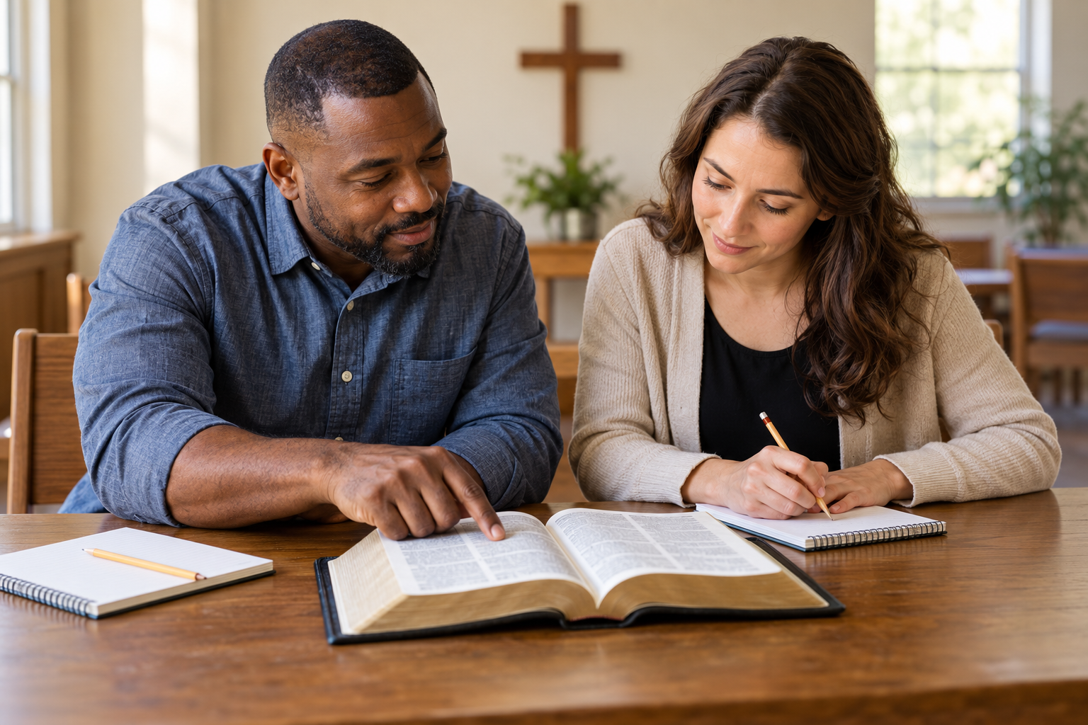 Two adults observing a Bible passage and making notes