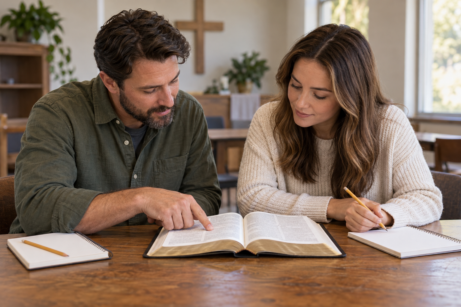 Two adults studying an open Bible with simple notebooks