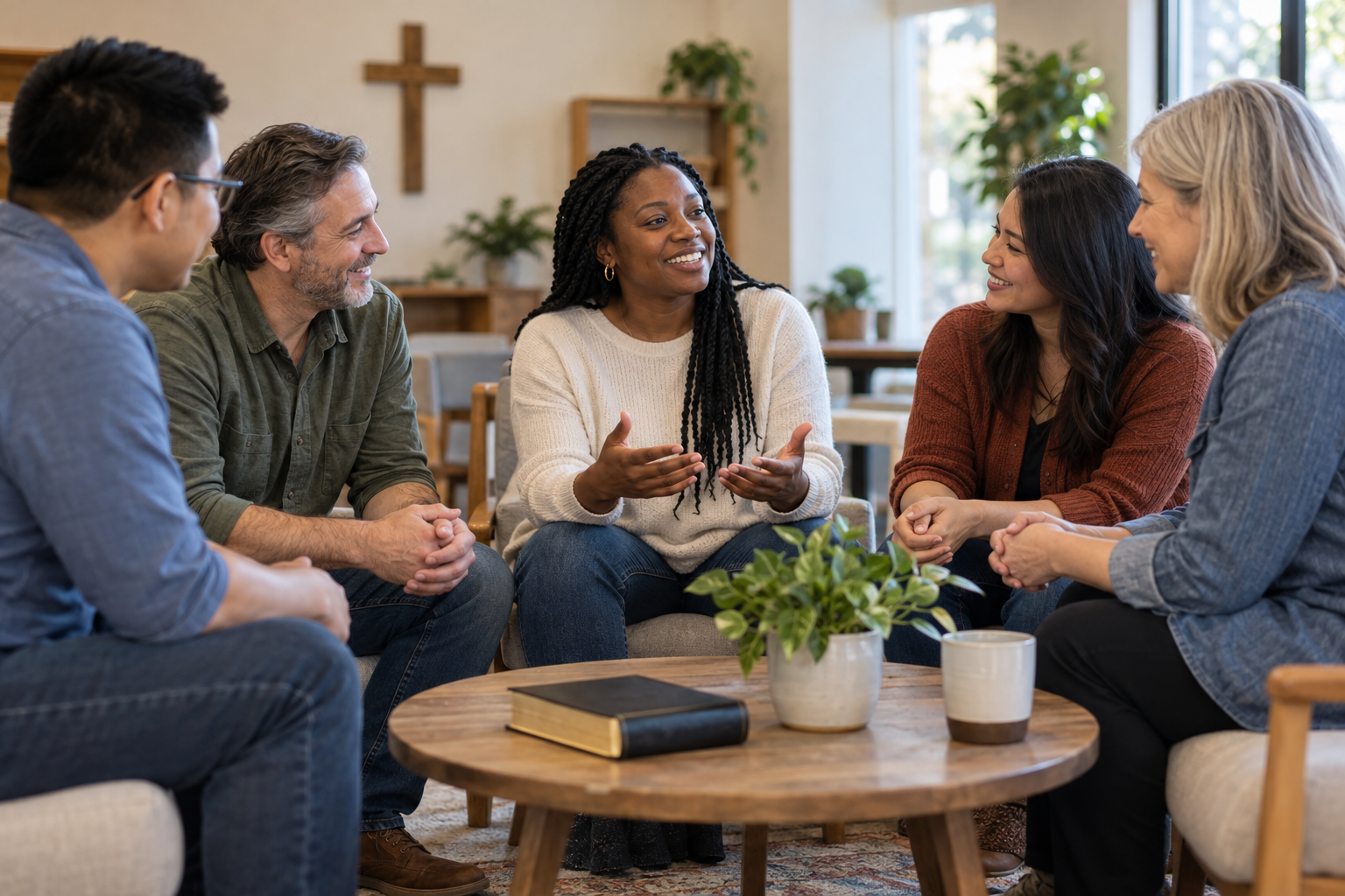 Adults encouraging one another in a welcoming church fellowship setting