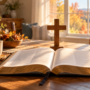 Original illustration of an open Bible and wooden cross in a sunlit home