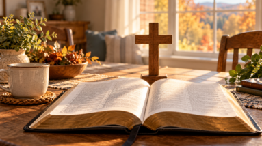 Original illustration of an open Bible and wooden cross in a sunlit home