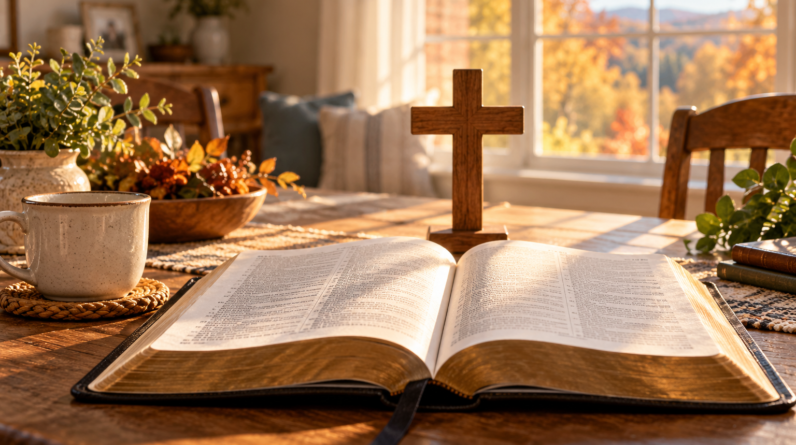 Original illustration of an open Bible and wooden cross in a sunlit home