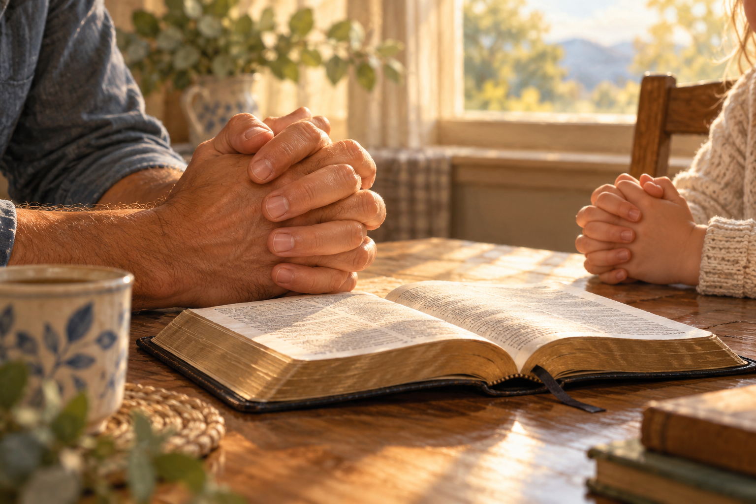 Original illustration of a parent and child praying beside an open Bible