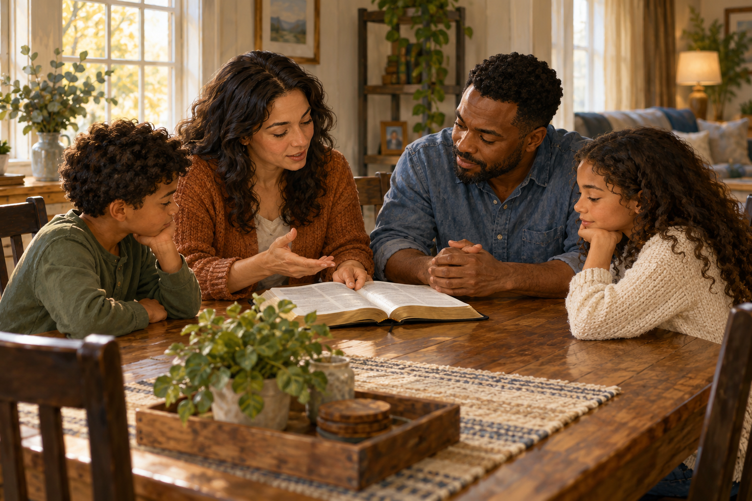 Original illustration of parents and two children reading the Bible together