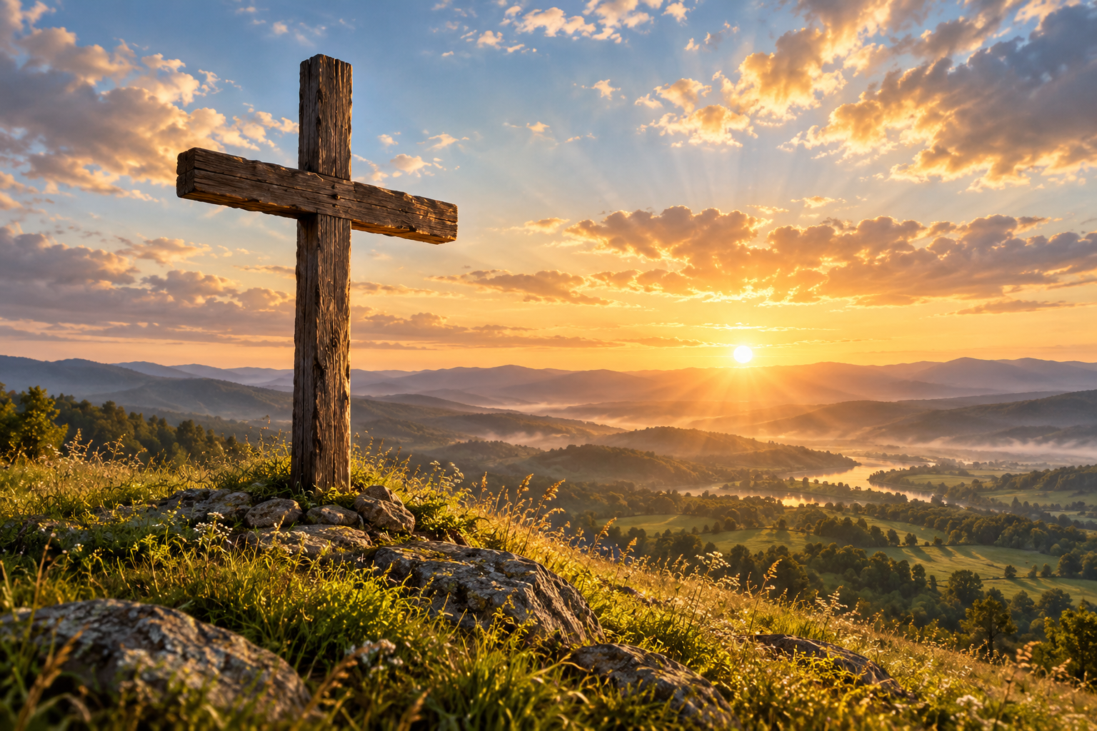Original illustration of a wooden cross on a grassy hill overlooking a valley at sunrise