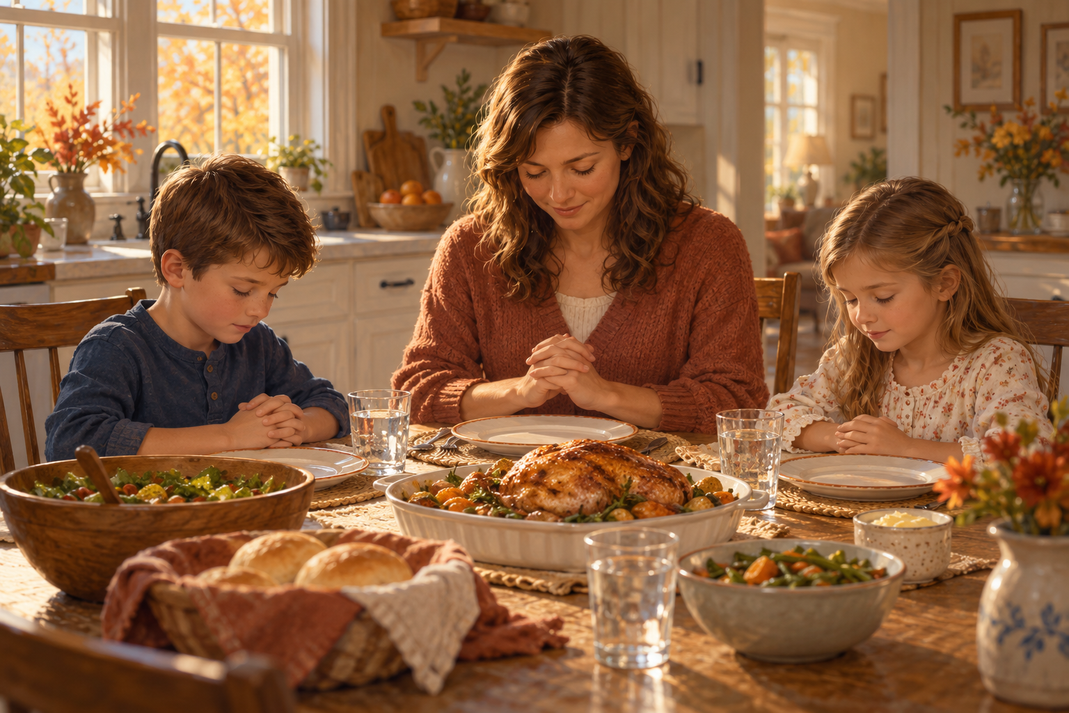 A mother and two children offering a prayer before a family meal.