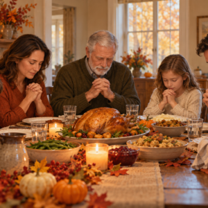 A multigenerational family bowing their heads in prayer before Thanksgiving dinner.