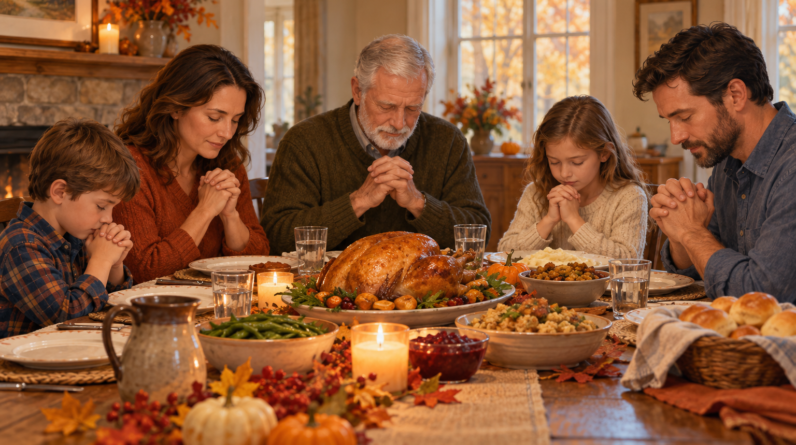 A multigenerational family bowing their heads in prayer before Thanksgiving dinner.
