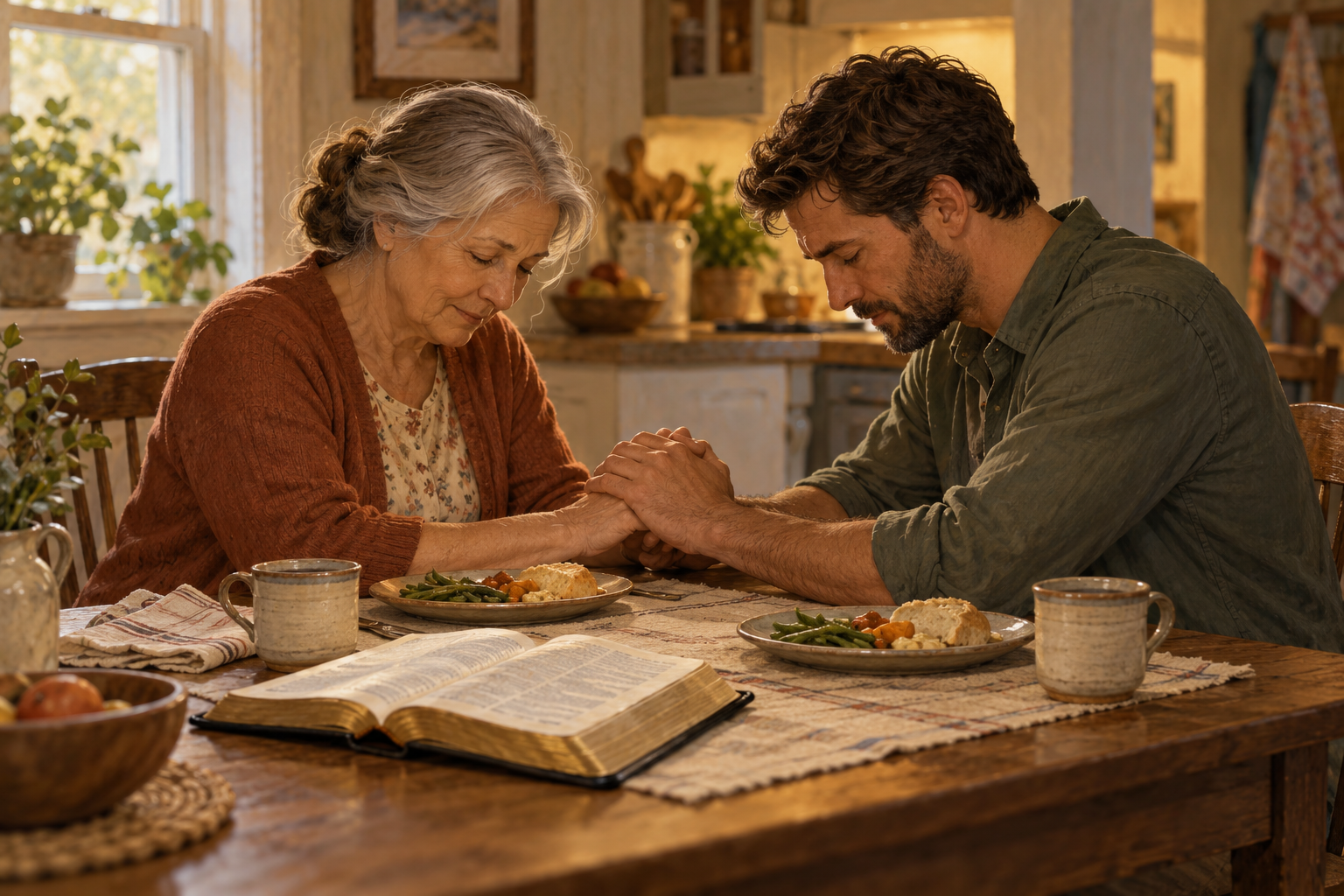 An older woman and a younger adult praying together at a small kitchen table.