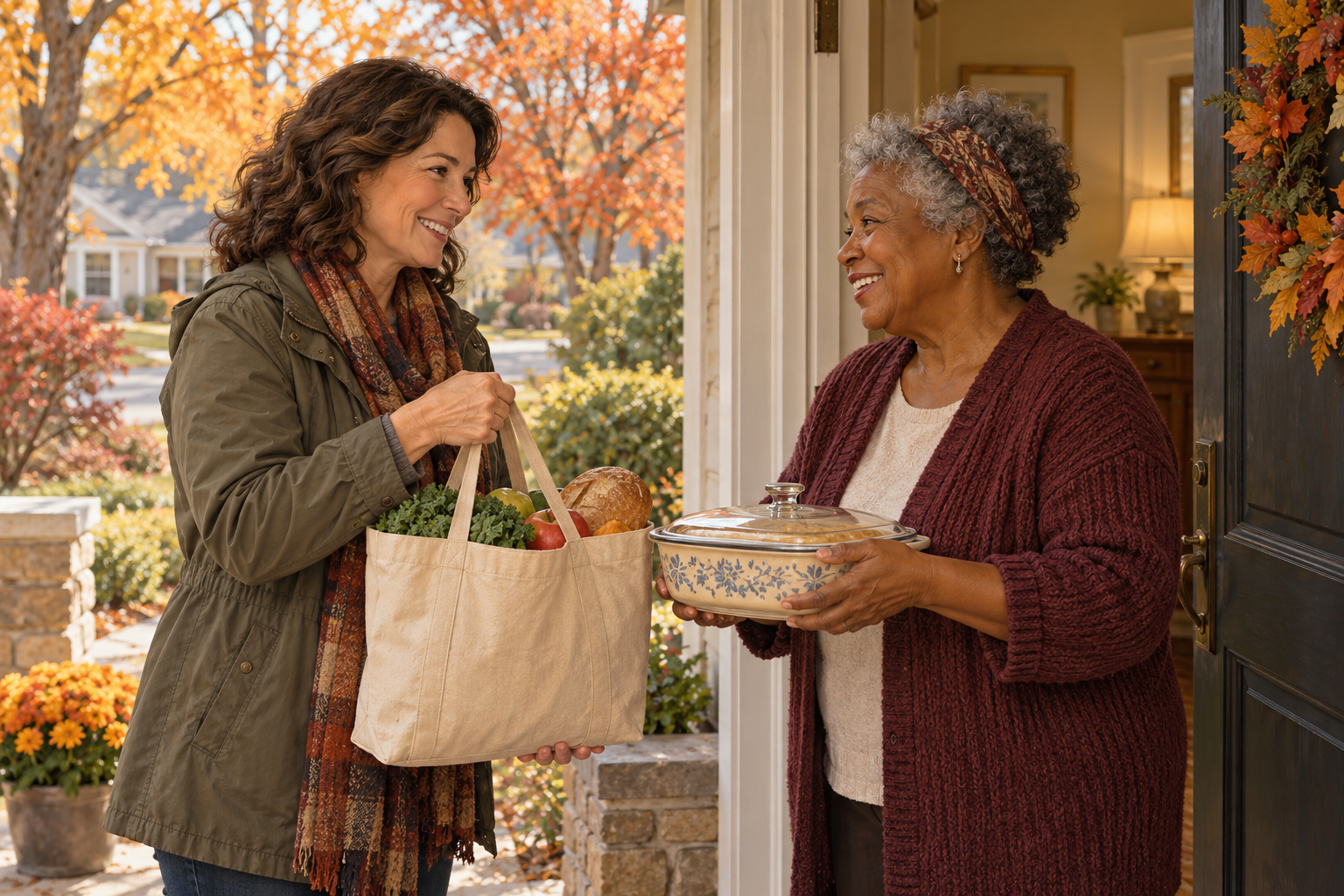 Two neighbors sharing groceries and a covered dish at a doorway.