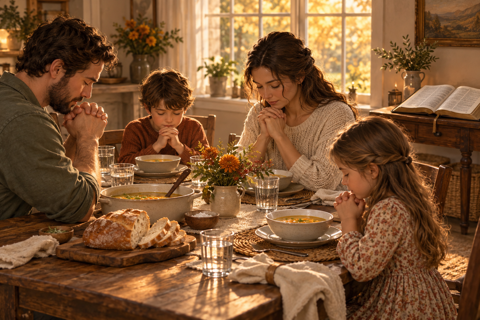 A family praying together over a simple meal with an open Bible on the table.